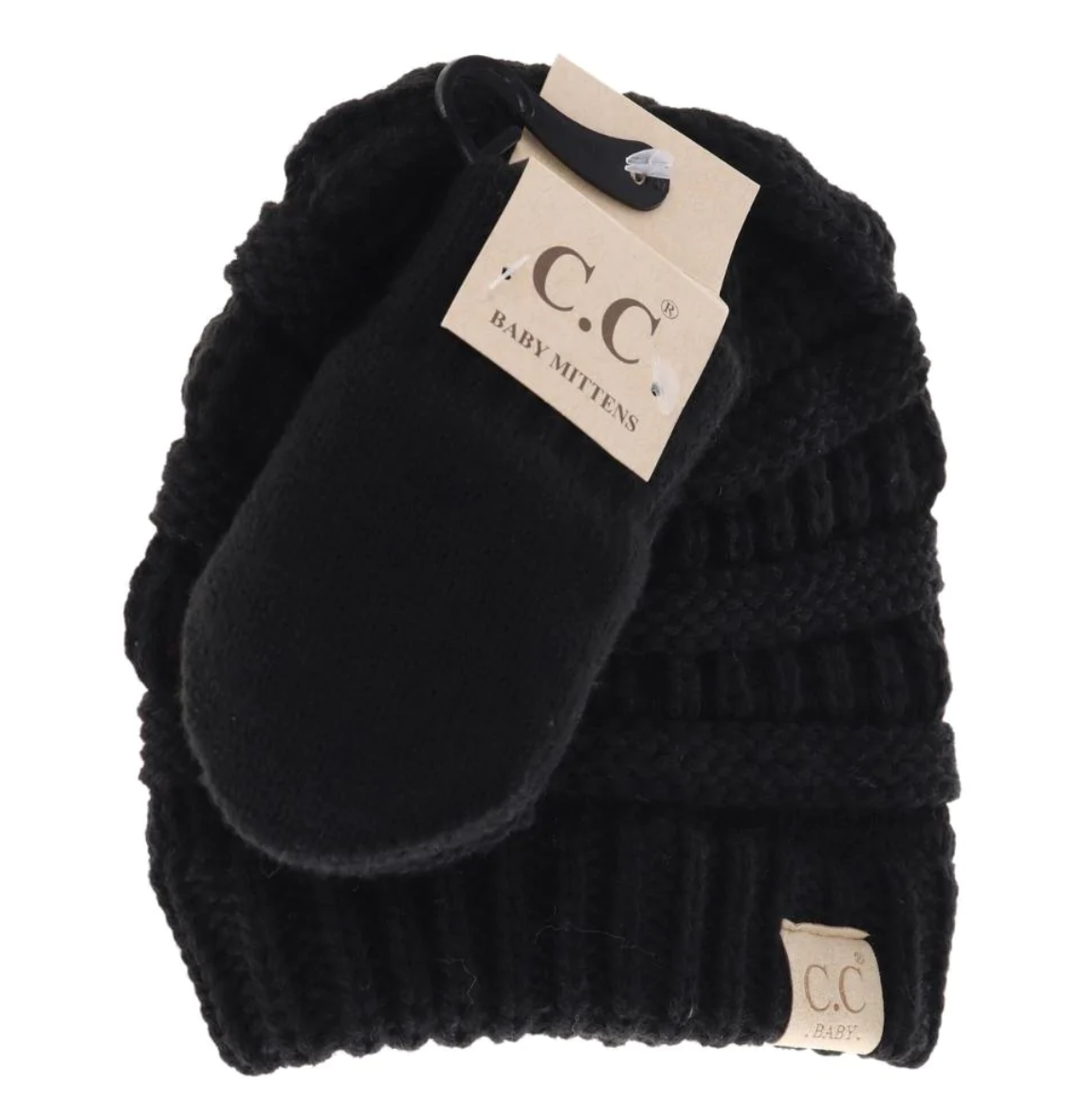 Baby Black Knit CC Beanie With Mittens