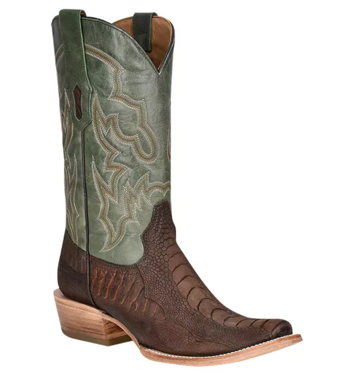 Mens Corral Brown Ostrich Green Embroidery Square Toe Boot
