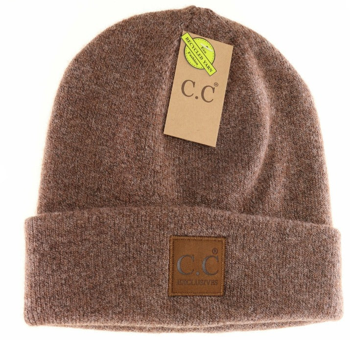 Unisex Soft Ribbed Leather Patch C.C. Beanie H Cacao