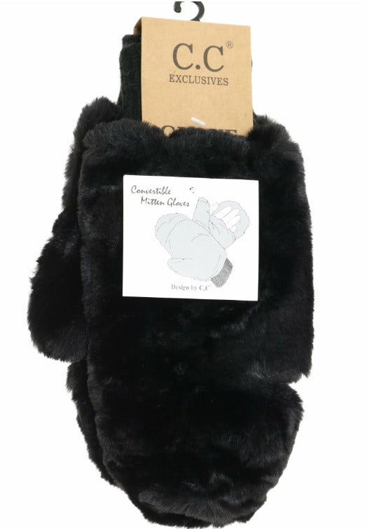 Fuzzy Lined Fur Mittens Black By C.C. Beanie