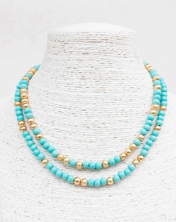 Teal Wood Gold Beaded Layered Necklace