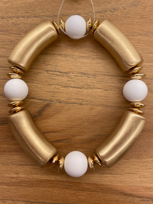 White Color Coated Ball and Gold Bar Stretch Bracelet