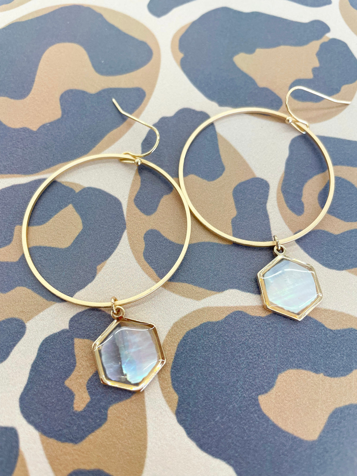 Gold Hoop with Mother Of Pearl Hexagon 1.5 " Earring