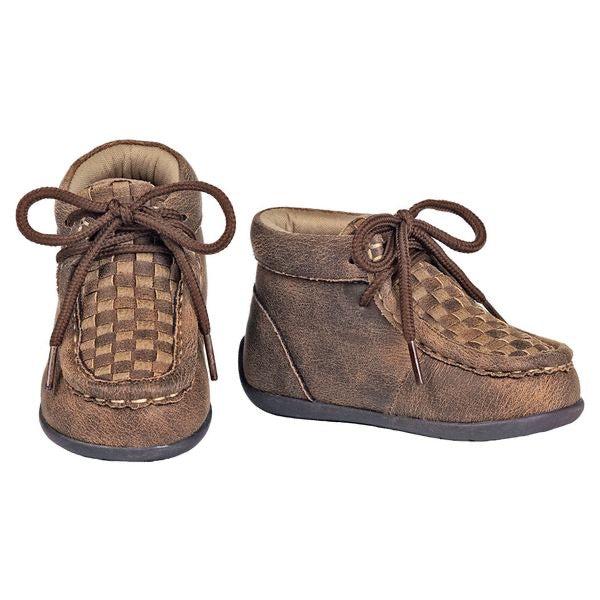 A pair of brown toddler casual shoes with lace-up closure, soft tongue and collar, and a non-marking TPR outsole.