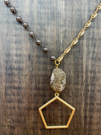 Black Beaded Gold Chain With Hexagon Necklace